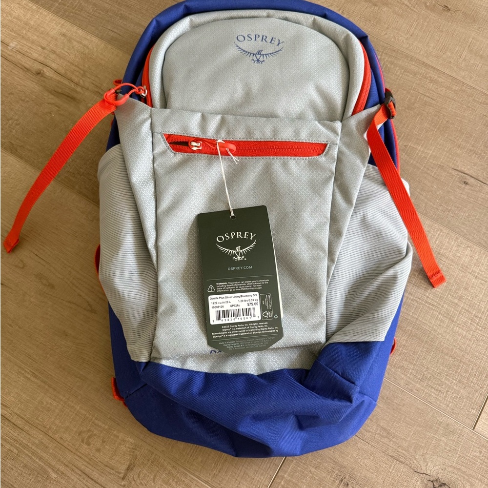 OSPREY Two-Tone Grey and Blue Everyday Backpack with Red Accents